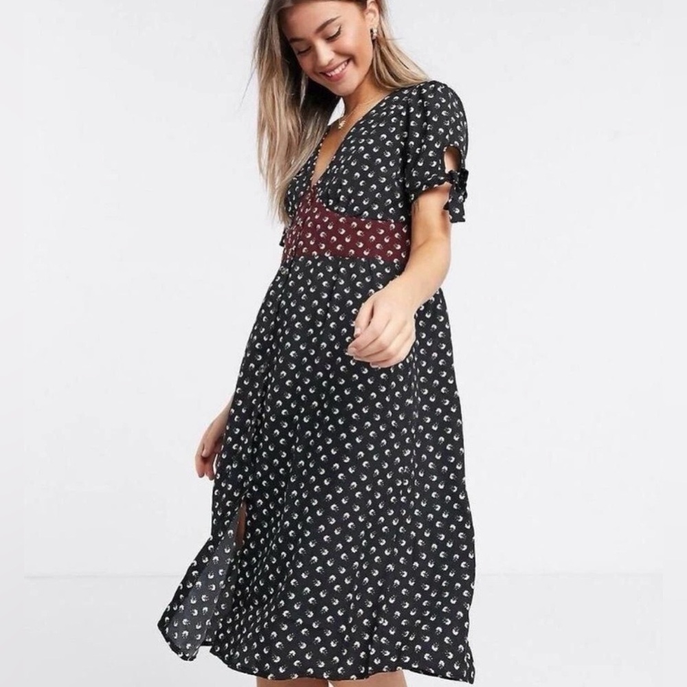 NEW ASOS Brave Soul floral midi tea dress burgundy waist tie short sleeves M